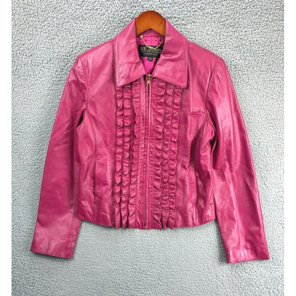 St John Collection Ruffle Zip Leather Jacket Womens M Pink Marie Gray Luxury